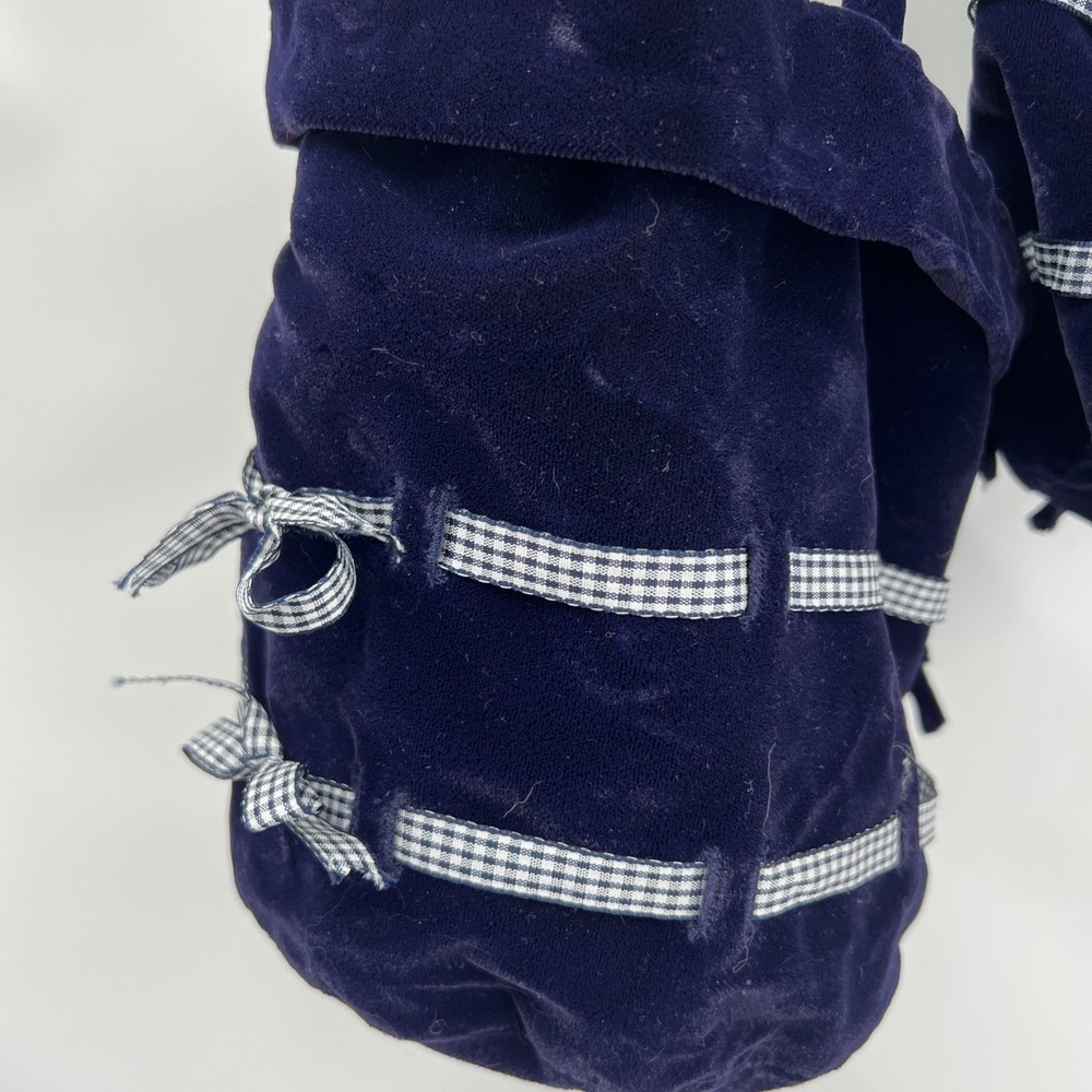 Blue Velvet Bucket Gift Bags Gingham Ribbons 9"x9" Country Cottage Core Lot of 2